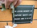 
Daphne Mavis LEE,
died 9-12-97;
Rosewood Uniting Church Columbarium wall, Ipswich
