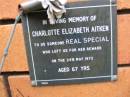 
Charlotte Elizabeth AITKEN,
died 24 May 1972 aged 67 years;
Rosewood Uniting Church Columbarium wall, Ipswich
