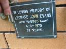 
Leonard John EVANS,
died 4-6-1970 aged 57 years;
Rosewood Uniting Church Columbarium wall, Ipswich
