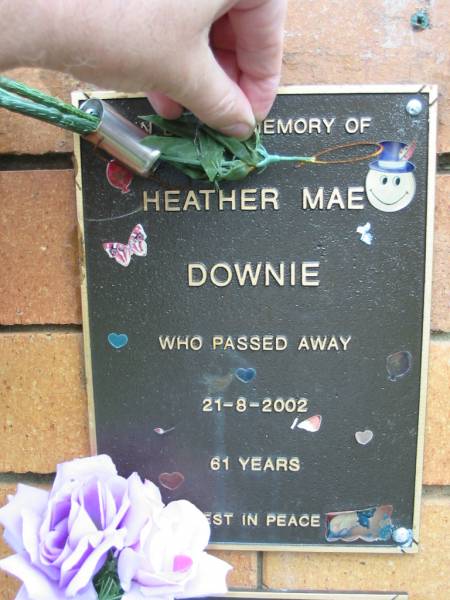Heather Mae DOWNIE,  | died 21-8-2002 aged 61 years;  | Rosewood Uniting Church Columbarium wall, Ipswich  | 