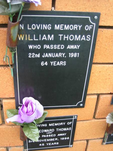 William Thomas,  | died 22 Jan 1981 aged 64 years;  | Rosewood Uniting Church Columbarium wall, Ipswich  | 