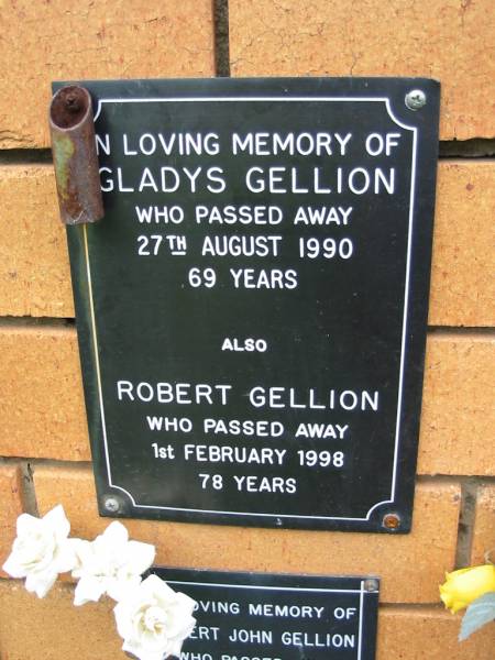 Gladys GELLION,  | died 27 Aug 1990 aged 69 years;  | Robert GELLION,  | died 1 Feb 1998 aged 78 years;  | Rosewood Uniting Church Columbarium wall, Ipswich  | 