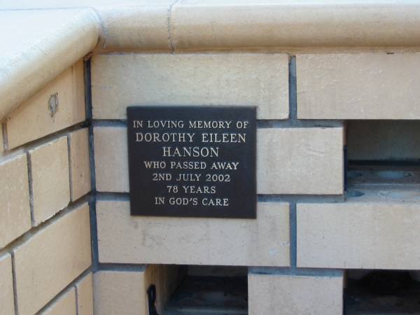 Dorothy Eileen HANSON  | 2 Jul 2002 aged 78  |   | Sacred Heart Catholic columbarium, Sandgate, Brisbane  |   | 