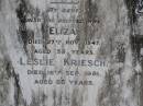 
Gustav Martin KRIESCH,
husband father,
died 1 Sept 1932 aged 53 years;
Eliza,
wife,
died 27 Nov 1947 aged 58 years;
Leslie KRIESCH,
died 16 Sep 1981 aged 65 years;
Samsonvale Cemetery, Pine Rivers Shire
