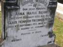 
Anna Maria SCHMIDT,
mother,
died 23 Feb 1923 aged 76 years;
Claus Heinrich Friedrich SCHMIDT,
father,
died 6 Sept 1933 aged 87 years;
Samsonvale Cemetery, Pine Rivers Shire
