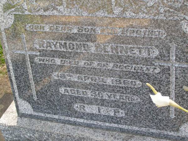 Raymond BENNETT,  | son brother,  | died of an accident 18 April 1960 aged 30 years;  | Samsonvale Cemetery, Pine Rivers Shire  | 