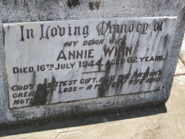 Mary Ann,  | wife of Richard Reynolds WINN,  | died 21 Oct 1919 aged 64 years;  | Richard Reynolds WINN,  | died 12 Sep 1927 aged 74 years;  | Mary Ann FRISCH,  | daughter,  | died 22 Nov 1928 aged 46 years;  | Richard Reynolds WINN,  | father,  | died 19 Oct 1950 aged 71 years;  | Annie WINN,  | wife mother,  | died 16 July 1955 aged 62 years;  | Richard Reynolds WINN III,  | 21-2-1912 - 14-05-1999 aged 86 years,  | remembered by wife, children, grandchildren;  | Samsonvale Cemetery, Pine Rivers Shire  | 