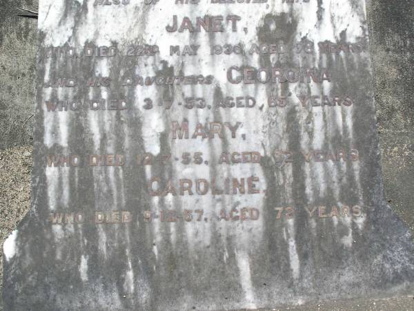 Henry GOLD,  | died 14 Oct 1920 aged 75 years;  | Arthur,  | son,  | died in infancy;  | William Charles,  | son,  | died 14 June 1930 aged 50 years;  | Janet,  | wife,  | died 22 May 1936 aged 78 years;  | Georgina,  | daughter,  | died 3-7-53 aged 65 years;  | Mary,  | died 12-7-55 aged 72 years;  | Caroline,  | died 9-12-57 aged 72 years;  | Samsonvale Cemetery, Pine Rivers Shire  | 