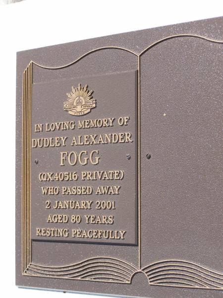Roy Donald McCallam FOGG,  | accidentally killed 13 May 1934  | aged 12 years 9 months;  | Dudley Alexander FOGG,  | died 2 Jan 2001 aged 80 years;  | Warren James Gilbert FOGG,  | 2-6-1917 - 16-5-2001 aged 83 years 11 months;  | Samsonvale Cemetery, Pine Rivers Shire  | 