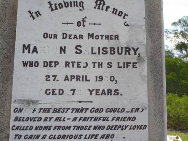 Marion SALISBURY,  | died 27 April 1920 aged 73 years;  | Samsonvale Cemetery, Pine Rivers Shire  | 