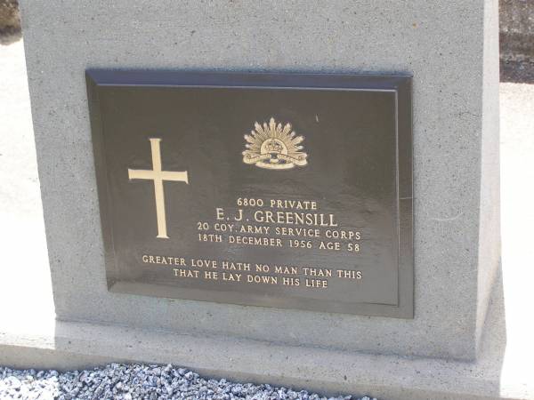 E.J. GREENSILL,  | died 18 Dec 1956 aged 58 years;  | Samsonvale Cemetery, Pine Rivers Shire  | 