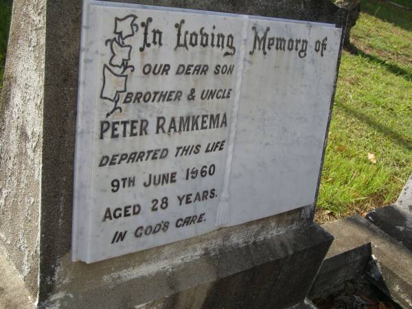 Peter RAMKEMA,  | son brother uncle,  | died 9 June 1960 aged 28 years;  | Bald Hills (Sandgate) cemetery, Brisbane  | 