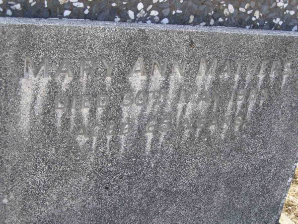 Mary Ann MATHERS,  | died 30 May 1933 aged 65 years;  | Bald Hills (Sandgate) cemetery, Brisbane  | 