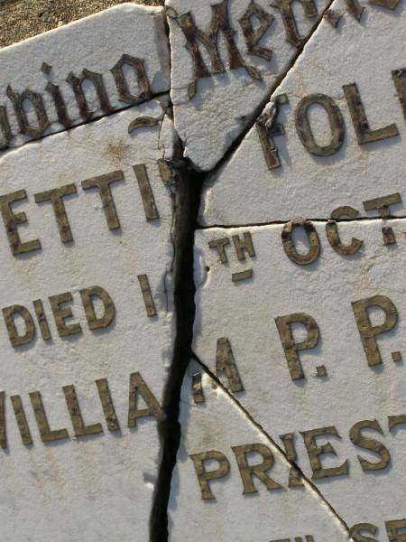 Ettie FOLEY,  | died 10 Oct 1931;  | William P.P. FOLEY,  | priest,  | died 20 Sept 1955;  | Bald Hills (Sandgate) cemetery, Brisbane  | 