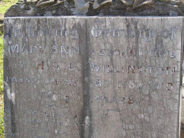 Mary Ann,  | wife of H.A.L. WILLINGTON,  | died 8 Nov 1919 aged 60 years;  | H.A.L. WILLINGTON,  | born 21 June 1860,  | died 4 Dec 1944;  | parents of Henry, Lill & Vi?;  | Bald Hills (Sandgate) cemetery, Brisbane  | 