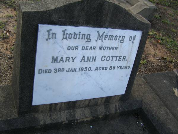 Mary Ann COTTER,  | mother,  | died 3 Jan 1950 aged 86 years;  | Bald Hills (Sandgate) cemetery, Brisbane  | 