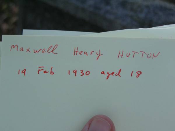 Maxwell Henry HUTTON,  | died 19 Feb 1930 aged 18 years;  | Bald Hills (Sandgate) cemetery, Brisbane  | 