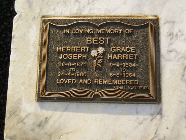 John,  | husband of Martha BEST,  | died 9 Sept 1915 aged 72 years;  | Martha BEST,  | died 21 March 1927 aged 87 years;  | Herbert Joseph BEST,  | 26-6-1870 - 24-4-1960;  | Grace Harriet BEST,  | 9-4-1884 - 6-8-1964,  | ashes scattered;  | Gordon William BARNFIELD,  | 5-5-1923 - 18-8-2001;  | Dorothea BARNFIELD,  | 1-10-1920 - 25-6-2004,  | ashes scattered;  | Bald Hills (Sandgate) cemetery, Brisbane  | 