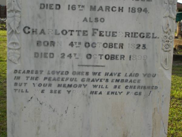 Hermann FEUERRIEGEL,  | died 3 Feb 1910 aged 61 years;  | George,  | son,  | killed in action France 12 Oct 1917 aged 33 years;  | Anna Bertha,  | wife of F.W.H. FEUERRIEGEL,  | born Nundah 29 May 1860,  | died 27 Nov 1932;  | Adolph FEUERRIEGEL,  | born 11 Jan 1822,  | died 16 March 1894;  | Charlotte FEUERRIEGEL,  | born 4 Oct 1823,  | died 24 Oct 1899;  | Bald Hills (Sandgate) cemetery, Brisbane  | 