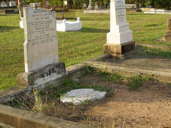 Fredrick EHRENREICH,  | died 29 July 1898 aged 66 years;  | Rachel EHRENREICH,  | wife,  | died 17 May 1910 aged 80 years;  | Christian EHRKE,  | son-in-law,  | died 5 Sept 1926 aged 77 years;  | Mary,  | wife,  | died 29 Dec 1937 aged 79 years;  | Bald Hills (Sandgate) cemetery, Brisbane  |   | 