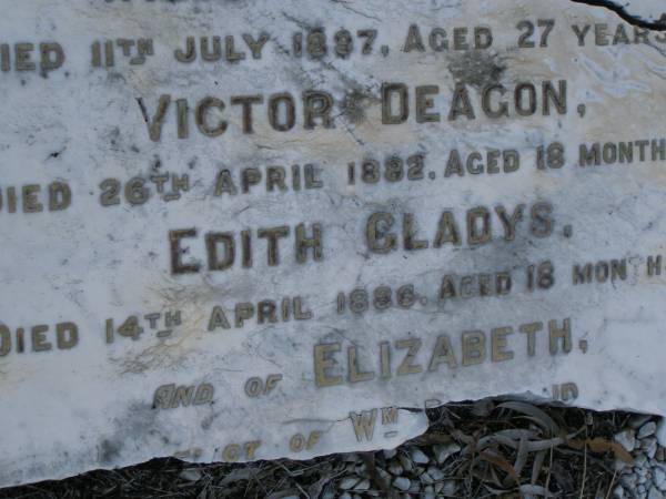 Frank RAYMOND,  | died 12 Aug 1891 aged 46 years;  | Elizabeth,  | wife,  | died 22 Feb 1908 aged 59 years;  | children;  | William Stanwell,  | died 11 July 1897 aged 27 years;  | Victor Deagon,  | died 26 April 1882 aged 18 months;  | Edith Gladys,  | died 14 April 1886 aged 18 months;  | Elizabeth,  | relict of William RAYMOND,  | of Weston Dorset England,  | mother of Frank RAYMOND,  | born 23 April 1823,  | died 23 Aug 1914?;  | Millicent RAYMOND,  | died 2 July 1931 aged 63 years;  | Catherine Ann,  | wife of William GIRLING,  | died 14 Nov 1865 aged 21 years;  | Mary Smith DEAGON,  | died 27 Nov 1866 aged 20 years;  | Bald Hills (Sandgate) cemetery, Brisbane  |   | 