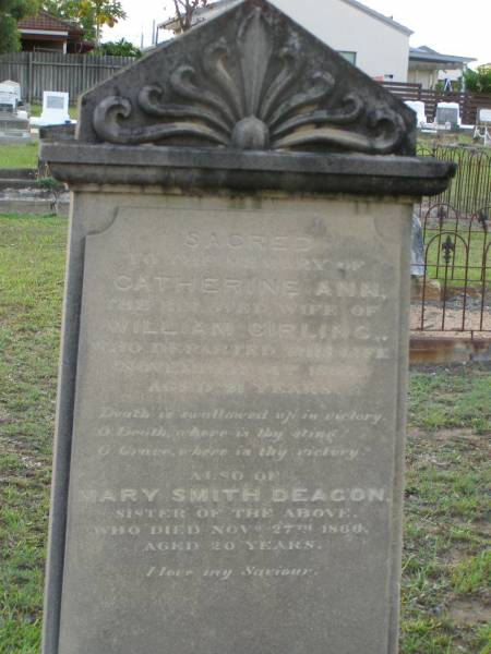 Frank RAYMOND,  | died 12 Aug 1891 aged 46 years;  | Elizabeth,  | wife,  | died 22 Feb 1908 aged 59 years;  | children;  | William Stanwell,  | died 11 July 1897 aged 27 years;  | Victor Deagon,  | died 26 April 1882 aged 18 months;  | Edith Gladys,  | died 14 April 1886 aged 18 months;  | Elizabeth,  | relict of William RAYMOND,  | of Weston Dorset England,  | mother of Frank RAYMOND,  | born 23 April 1823,  | died 23 Aug 1914?;  | Millicent RAYMOND,  | died 2 July 1931 aged 63 years;  | Catherine Ann,  | wife of William GIRLING,  | died 14 Nov 1865 aged 21 years;  | Mary Smith DEAGON,  | died 27 Nov 1866 aged 20 years;  | Bald Hills (Sandgate) cemetery, Brisbane  |   | 