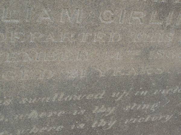 Frank RAYMOND,  | died 12 Aug 1891 aged 46 years;  | Elizabeth,  | wife,  | died 22 Feb 1908 aged 59 years;  | children;  | William Stanwell,  | died 11 July 1897 aged 27 years;  | Victor Deagon,  | died 26 April 1882 aged 18 months;  | Edith Gladys,  | died 14 April 1886 aged 18 months;  | Elizabeth,  | relict of William RAYMOND,  | of Weston Dorset England,  | mother of Frank RAYMOND,  | born 23 April 1823,  | died 23 Aug 1914?;  | Millicent RAYMOND,  | died 2 July 1931 aged 63 years;  | Catherine Ann,  | wife of William GIRLING,  | died 14 Nov 1865 aged 21 years;  | Mary Smith DEAGON,  | died 27 Nov 1866 aged 20 years;  | Bald Hills (Sandgate) cemetery, Brisbane  |   | 