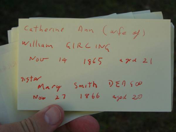 Frank RAYMOND,  | died 12 Aug 1891 aged 46 years;  | Elizabeth,  | wife,  | died 22 Feb 1908 aged 59 years;  | children;  | William Stanwell,  | died 11 July 1897 aged 27 years;  | Victor Deagon,  | died 26 April 1882 aged 18 months;  | Edith Gladys,  | died 14 April 1886 aged 18 months;  | Elizabeth,  | relict of William RAYMOND,  | of Weston Dorset England,  | mother of Frank RAYMOND,  | born 23 April 1823,  | died 23 Aug 1914?;  | Millicent RAYMOND,  | died 2 July 1931 aged 63 years;  | Catherine Ann,  | wife of William GIRLING,  | died 14 Nov 1865 aged 21 years;  | Mary Smith DEAGON,  | died 27 Nov 1866 aged 20 years;  | Bald Hills (Sandgate) cemetery, Brisbane  |   | 