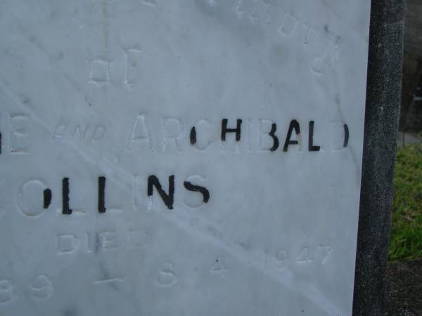 Catherine COLLINS,  | died 11 Jan 1939;  | Archibald COLLINS,  | died 8 Apr 1947;  | Bald Hills (Sandgate) cemetery, Brisbane  | 
