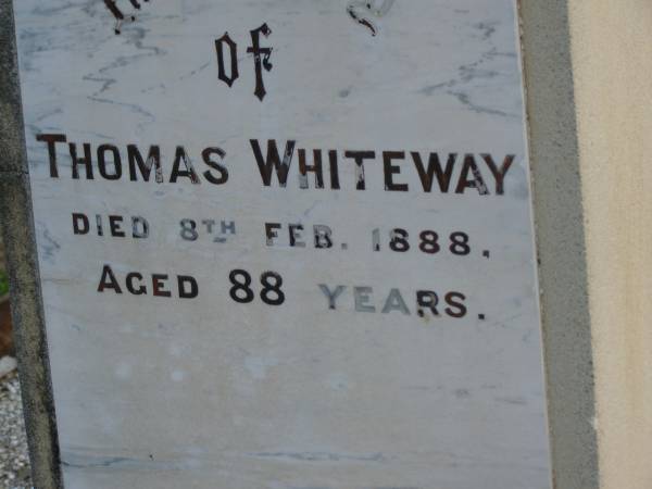 John,  | husband of Charlotte HALL,  | died 4 Jan 1883 aged 47 years;  | John Richard HALL,  | son,  | died 11 Nov 1904 aged 27 years;  | Charlotte,  | wife of John HALL,  | died 21 March 1910 aged 59 years;  | Thomas WHITEWAY,  | died 8 Feb 1888 aged 88 years;  | Bald Hills (Sandgate) cemetery, Brisbane  | 