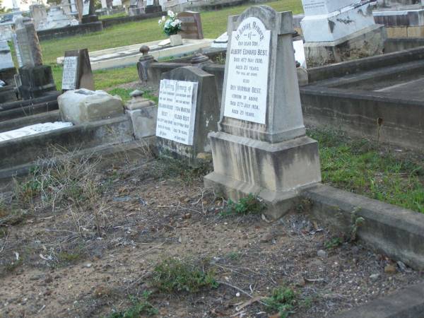 Albert Edward BEST,  | son,  | died 16 May 1930 aged 23 years;  | Roy Norman BEST,  | cousin,  | died 27 July 1934 aged 29 years;  | Benjamin Archie BEST,  | husband father,  | died 29 June 1948 aged 61 years;  | Lydia Martha Helena BEST,  | wife mother,  | died 5 May 1960 aged 74 years;  | Bald Hills (Sandgate) cemetery, Brisbane  | 