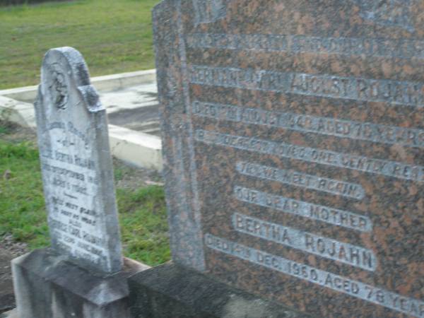 Hermann Carl August ROJAHN,  | died 12 Aug 1949 aged 78 years;  | Bertha ROJAHN,  | died 14 Dec 1960 aged 78 years;  | Elsie Bertha ROJAHN,  | died 21 Sept 1916 aged 5 years;  | George Carl ROJAHN,  | died 22 June 1955 aged 41 years;  | Bald Hills (Sandgate) cemetery, Brisbane  | 
