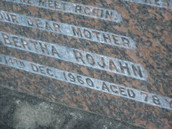 Hermann Carl August ROJAHN,  | died 12 Aug 1949 aged 78 years;  | Bertha ROJAHN,  | died 14 Dec 1960 aged 78 years;  | Elsie Bertha ROJAHN,  | died 21 Sept 1916 aged 5 years;  | George Carl ROJAHN,  | died 22 June 1955 aged 41 years;  | Bald Hills (Sandgate) cemetery, Brisbane  | 