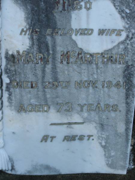 Archibald MCARTHUR,  | died 4 April 1937 aged 69 years;  | Mary MCARTHUR,  | wife,  | died 29 Nov 1941 aged 73 years;  | Bald Hills (Sandgate) cemetery, Brisbane  | 