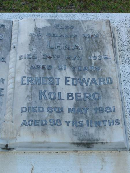 Carl Ludwig ROGHAN,  | died 25 Oct 1920 aged 72 years;  | Lena,  | wife,  | died 24 May 1936 aged 81 years;  | Wilhelmine Marie KOLBERG,  | daughter,  | died 15 Oct 1977 aged 88 years;  | Lena,  | wife,  | died 24 May 1936 aged 81 years;  | Ernest Edward KOLBERG,  | died 8 May 1981 aged 98 years 11 months;  | Eugene Charles KOLBERG,  | died 11 Nov 1994 aged 76 years;  | Bald Hills (Sandgate) cemetery, Brisbane  | 