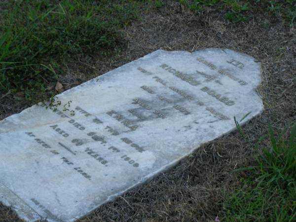 Richard BOARD,  | died 4 May 1907 aged 86 years;  | Emma,  | wife,  | died 1 Sept 1909 aged 90 years;  | Bald Hills (Sandgate) cemetery, Brisbane  | 