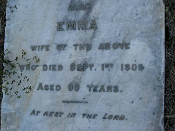 Richard BOARD,  | died 4 May 1907 aged 86 years;  | Emma,  | wife,  | died 1 Sept 1909 aged 90 years;  | Bald Hills (Sandgate) cemetery, Brisbane  | 