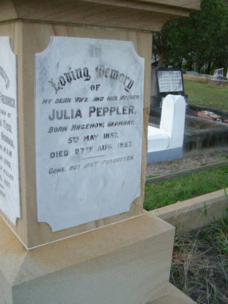 Julia PEPPLER,  | wife mother,  | born Hagenow Germany 5 May 1857,  | died 27 Aug 1927;  | Eric Amadeus Frederick,  | husband of Fanny Julia TIDD,  | father of Norma,  | born Kogarah NSW 16 March 1892,  | accidentally killed 15 April 1927;  | Arthur CORTEN,  | ??? of Paul & Julia PEPPLER,  | born 19 Sept 1914,  | died 18 Feb 1918;  | Bald Hills (Sandgate) cemetery, Brisbane  | 