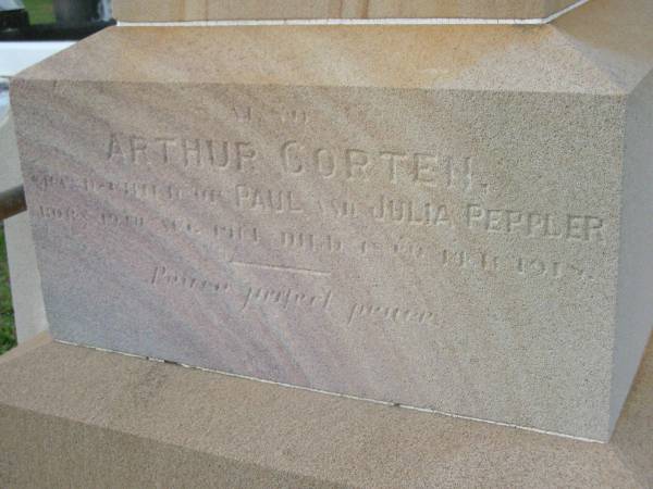 Julia PEPPLER,  | wife mother,  | born Hagenow Germany 5 May 1857,  | died 27 Aug 1927;  | Eric Amadeus Frederick,  | husband of Fanny Julia TIDD,  | father of Norma,  | born Kogarah NSW 16 March 1892,  | accidentally killed 15 April 1927;  | Arthur CORTEN,  | ??? of Paul & Julia PEPPLER,  | born 19 Sept 1914,  | died 18 Feb 1918;  | Bald Hills (Sandgate) cemetery, Brisbane  | 