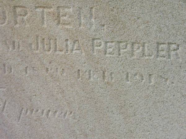 Julia PEPPLER,  | wife mother,  | born Hagenow Germany 5 May 1857,  | died 27 Aug 1927;  | Eric Amadeus Frederick,  | husband of Fanny Julia TIDD,  | father of Norma,  | born Kogarah NSW 16 March 1892,  | accidentally killed 15 April 1927;  | Arthur CORTEN,  | ??? of Paul & Julia PEPPLER,  | born 19 Sept 1914,  | died 18 Feb 1918;  | Bald Hills (Sandgate) cemetery, Brisbane  | 