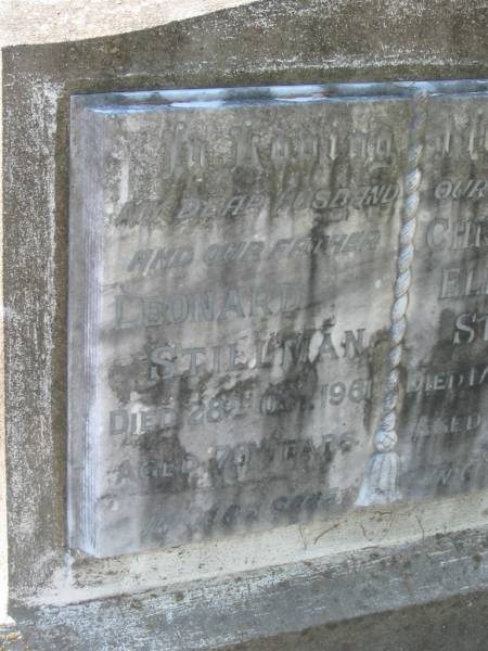 Leonard STILLMAN,  | husband father,  | died 28 Oct 1961 aged 78 years;  | Elizabeth STILLMAN,  | mother,  | died 17 April 1968 aged 74 years;  | Bald Hills (Sandgate) cemetery, Brisbane  | 