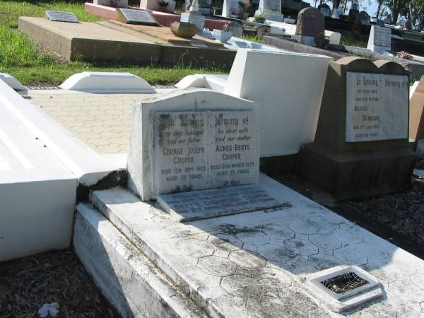 George Joseph COOPER,  | husband father,  | died 15 Sept 1953 aged 53 years;  | Agnes Beryl COOPER,  | wife mother,  | died 26 March 1975 aged 75 years;  | Phillip George COOPER,  | died 22 Jan 1976 aged 54 years;  | Betty Christina COOPER,  | died 19 April 1981 aged 58 years;  | Bald Hills (Sandgate) cemetery, Brisbane  | 