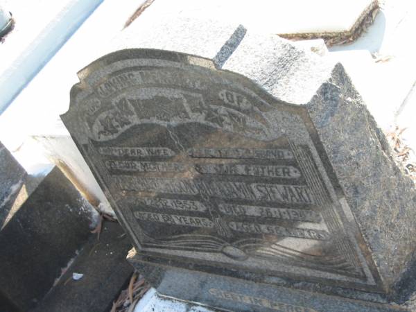 Jane HUTCHISON,  | wife mother,  | died 22-2-1953 aged 63 years;  | Benjamin Stewart,  | husband father,  | died 28-1-1957 aged 68 years;  | Leslie Stewart,  | son,  | died 23-8-83 aged 60 years;  | Bald Hills (Sandgate) cemetery, Brisbane  | 