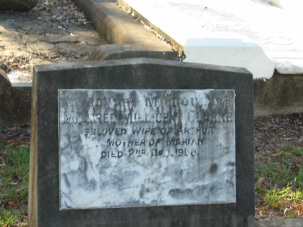 Mildred Millicent CLARKE,  | wife of Arthur,  | mother of Marian,  | died 2 Dec 1958;  | Bald Hills (Sandgate) cemetery, Brisbane  | 