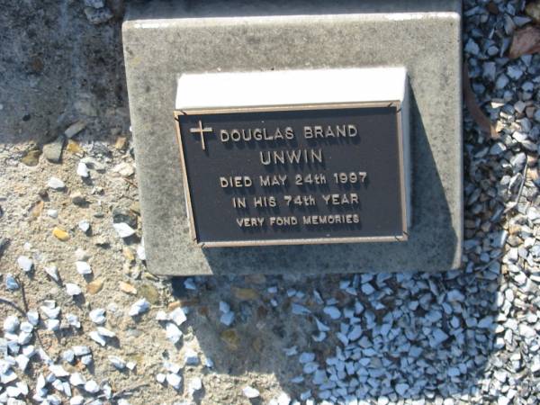 David Brand UNWIN,  | died 15 June 1960 in 76th year;  | Elizabeth Arlene Grace UNWIN,  | died 8 July 1985 in 89th year;  | Douglas Brand UNWIN,  | died 24 May 1997 in 74th year;  | Bald Hills (Sandgate) cemetery, Brisbane  | 