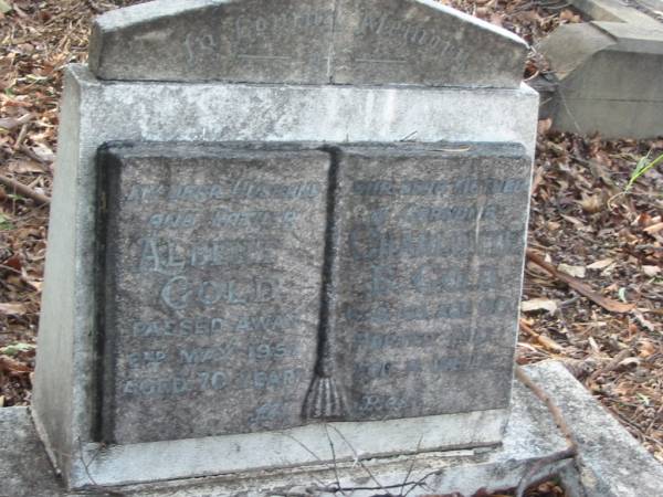 Albert GOLD,  | husband father,  | died 2 May 1957 aged 70 years;  | Charlotte E. GOLD,  | mother grandma,  | died 6-8-69 aged 90 years;  | Bald Hills (Sandgate) cemetery, Brisbane  | 
