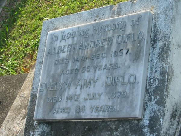 Albert Andrew DIFLO,  | died 14 Dec 1957 aged 65 years;  | Evelyn Amy DIFLO,  | died 14 July 1979 aged 84 years;  | Bald Hills (Sandgate) cemetery, Brisbane  | 