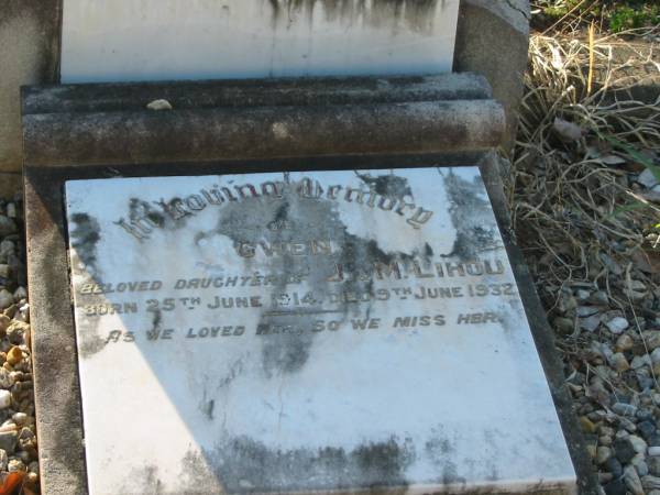 Gwen,  | daughter of J. & M. LIHOU,  | born 25 June 1914,  | died 9 June 1932;  | Joseph Edward LIHOU,  | died 7-8-1959 aged 78 years;  | Margaret LIHOU,  | wife,  | died 23-12-1958 aged 79 years;  | Roy Edward LIHOU,  | son,  | died 23-5-1958 aged 40 years;  | Bald Hills (Sandgate) cemetery, Brisbane  | 