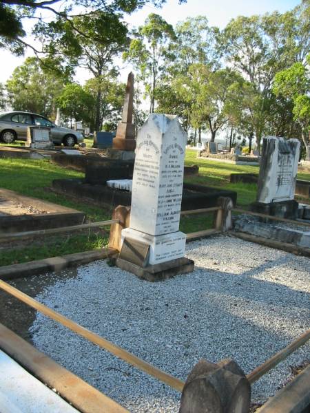 Annie,  | wife of W.A. WILSON,  | born 22 April 1855,  | died 10 Feb 1927;  | Mary Jane Stuart ABELL,  | infant granddaughter of W.A. & Annie WILSON,  | died 11 March 1933;  | William Albert WILSON,  | born Barnsley Yorkshire England 7 Nov 1855,  | died Sandgate 24 June 1943;  | Mary,  | eldest daughter of W.A. & Annie WILSON,  | born Tarong Station 6 Sept 1879,  | died Brisbane 12 July 1949;  | Evelyn A. WILSON,  | daughter of W.A. & A. WILSON,  | 1884 - 1986;  | Alice,  | wife of Harold B. WILSON,  | died 20 July 1936 aged 35 years;  | Bald Hills (Sandgate) cemetery, Brisbane  | 