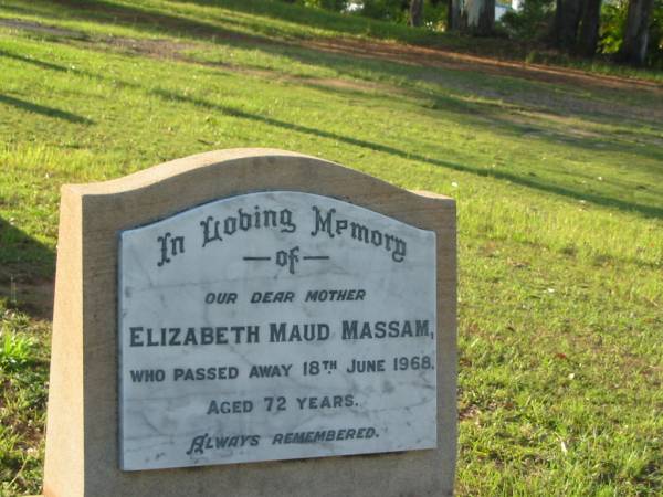 Bruce MASSAM,  | son brother,  | died 28 June 1947 aged 22 years 5 months;  | Hardie MASSAM,  | father,  | died 10 March 1964 aged 69 years;  | Elizabeth Maud MASSAM,  | mother,  | died 18 June 1968 aged 72 years;  | Bald Hills (Sandgate) cemetery, Brisbane  | 